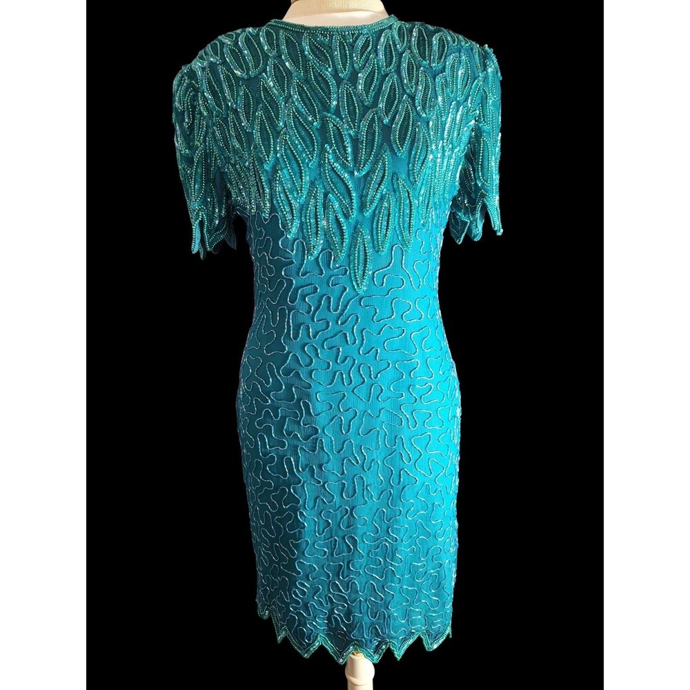 Vtg LAURENCE KAZAR NEW YORK Silk Beaded Sequin Sheath Dress Petite Small Formal